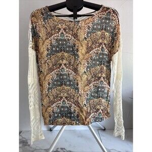 Puramania Mixed Media Ornate Print Boho Top Cream Open Crochet Knit Back